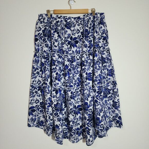 Lane Bryant Womens Cotton Tiered Midi Skirt Blue Floral High-Low Unlined 18/20 - Picture 2 of 7
